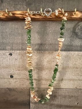 Green Jade and Champagne Pearl Bead Necklace